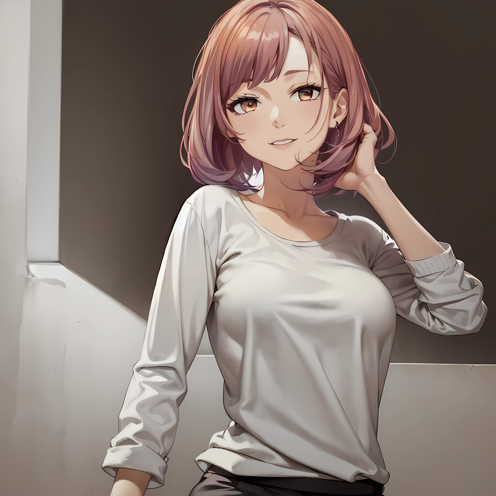 anime girl, pretty girl 25 yo, mature woman, seductive anime girl, fine details, comfy shirt, look at camera