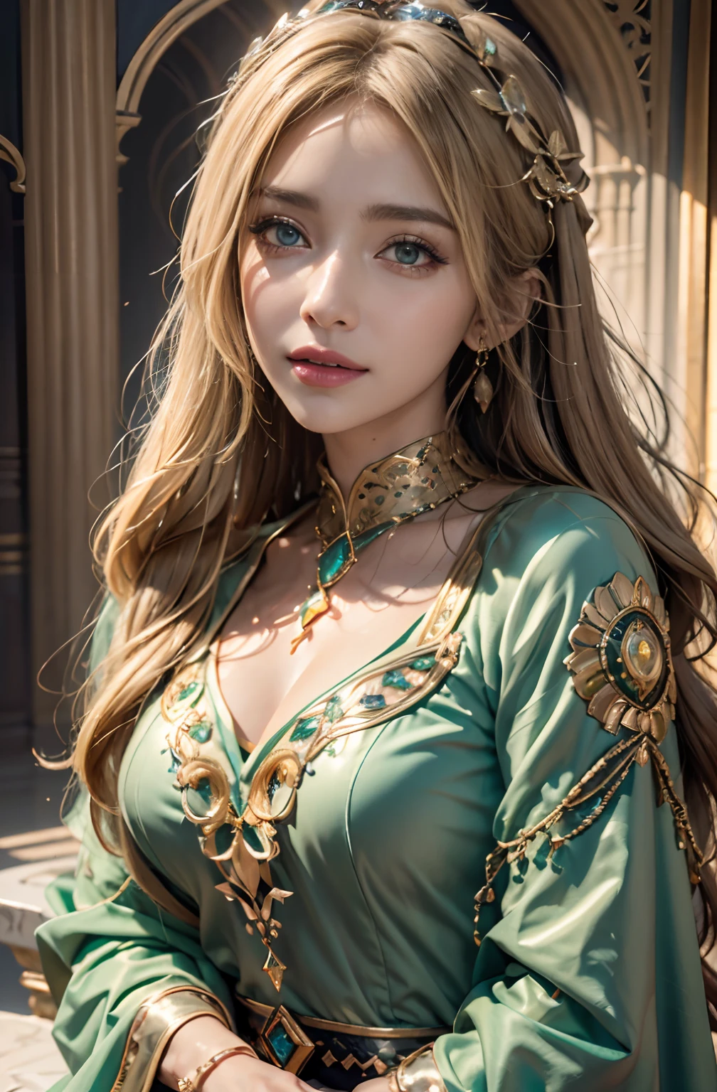 European Princesse blond hair hyper realistic super detailed face portrait glowing crystal eyes green bright hyper realistic super detailed islamic caftan marocain dress