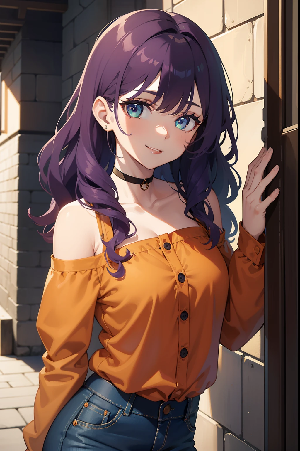 a girl with dark green eyes, loose, curly, dark purple hair. serene coloured eyes, wearing a dark orange blouse and short jeans, small bust, mischevious, suggestive grin, suggestive pose