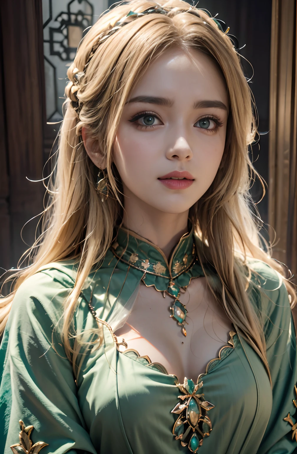 European Princesse blond hair hyper realistic super detailed face portrait glowing crystal eyes green bright hyper realistic super detailed islamic caftan marocain dress