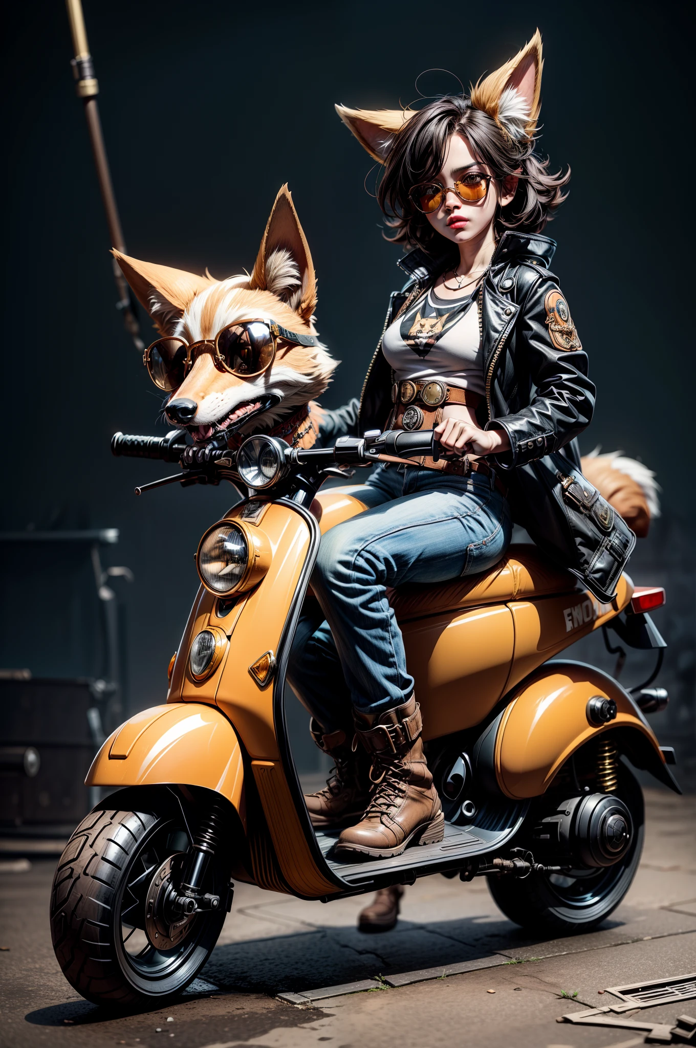 A steampunk fox fursona with boots sitting on a vespa moped with sunglasses vector, graphic novel, grunge, geometric horror tshirt design