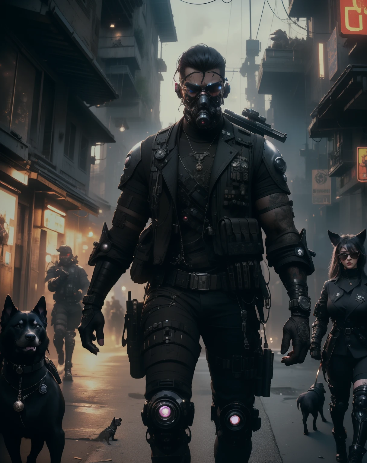 Hyperrealistic, Unreal engine, 3d, (Medium Shot), (Steampunk Military K9 Team), (Cyberpunk Meta-Gnome Soldiers with Cyborg Dogs), ((Cyborg Dogs):1.5), (Searching a dark alley in Apocalyptic city) , (Cyberpunk Gun), (Weapon on backpack), (Holding) a (Futuristic Gun), in the Holographics Hyperspace Metaverse 50mm, Ray Tracing, UHD