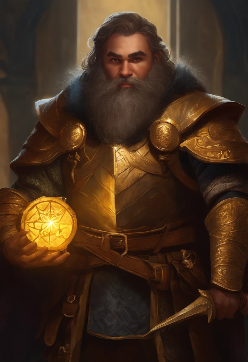 Vox Machina's dwarf pike as protagonist, de armadura dourada, escudo de luz amarela radiante