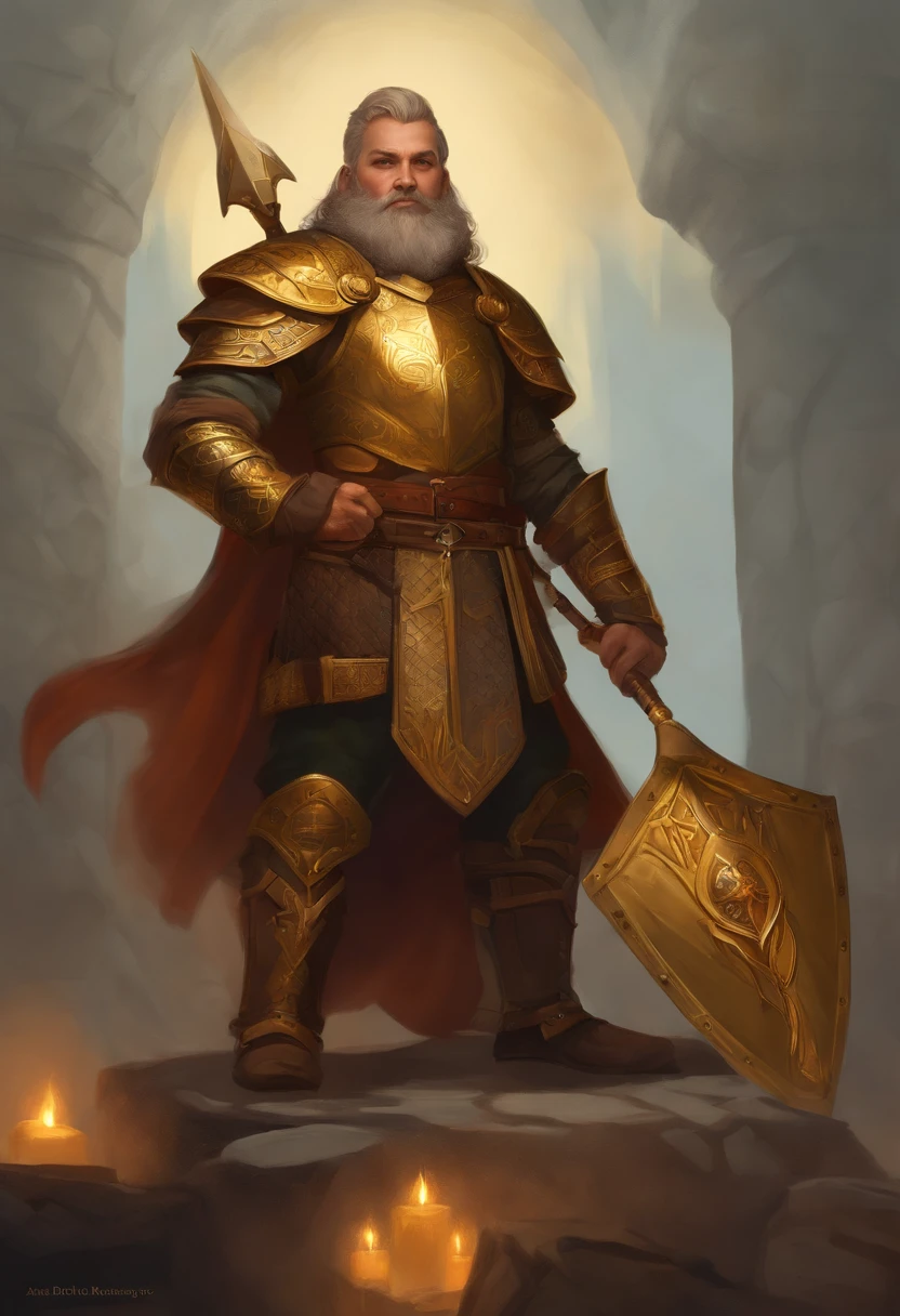 Vox Machina's dwarf pike as protagonist, de armadura dourada, escudo de luz amarela radiante