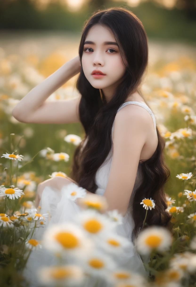 cute girl, -16white dress, long black hair, closed mouth, black eyes, daisy flower, peaceful, sunny, big eyes, looking at the viewer