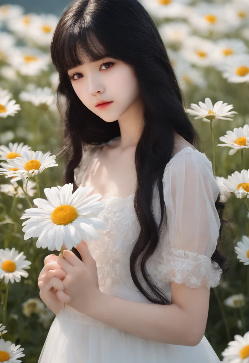 cute girl, 15-16 years old, white dress, long black hair, closed mouth, black eyes, daisy flower, peaceful, sunny, big eyes, looking at the viewer