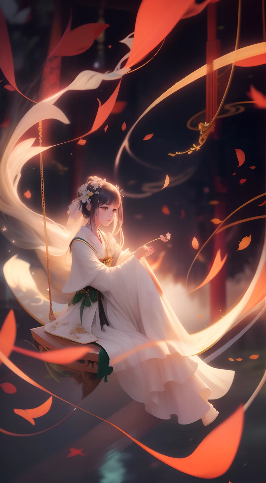 Anime girl sitting on swing,Surrounded by flying green leaves, Palace , A girl in Hanfu, White Hanfu, Flowing white robe, by Yang J, Anime fantasy illustration, Hanfu, Anime art wallpaper 8 K, style of anime4 K, Anime art wallpaper 4 K, Anime art wallpaper 4k, Onmyoji detailed art, flowing magical robe