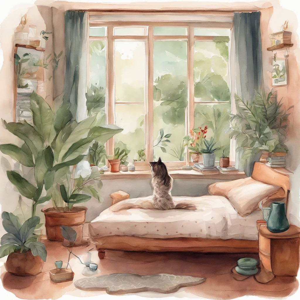 there is a woman listen to music in her bedroom, lofi girl, lo-fi illustration style, cats and plants, lofi girl aesthetic, dreamy illustration, cute illustration, relaxing mood, thinking, lofi art, relaxing concept art, blurry and dreamy illustration, lofi artstyle, there is a lava lamp next to her.