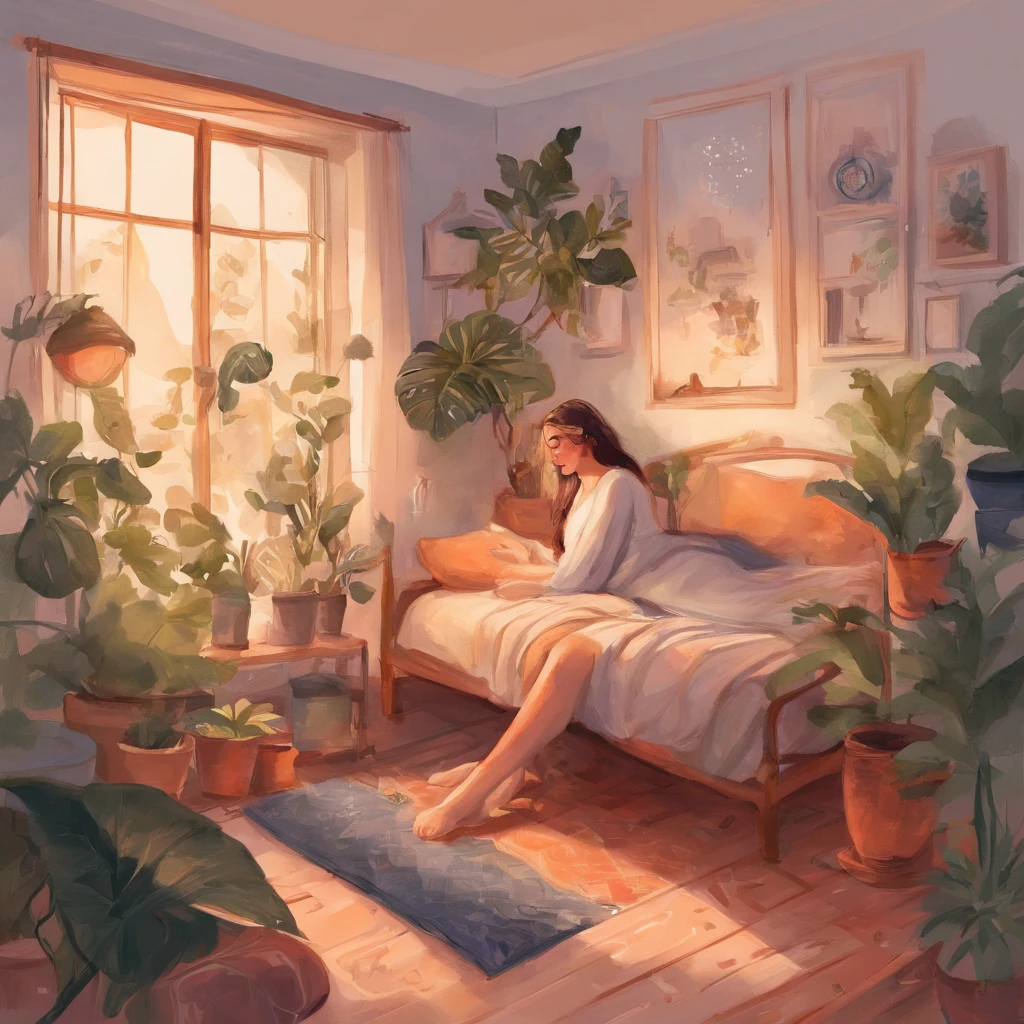 there is a woman listen to music in her bedroom, lofi girl, lo-fi illustration style, cats and plants, lofi girl aesthetic, dreamy illustration, cute illustration, relaxing mood, thinking, lofi art, relaxing concept art, blurry and dreamy illustration, lofi artstyle, there is a lava lamp next to her.