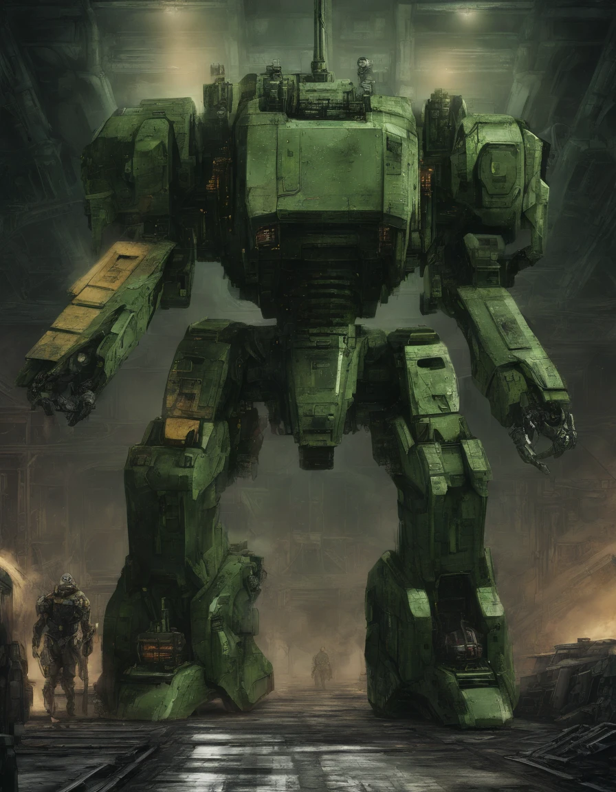 battletech style giant robot, humanoid mecha robot, (organic design:1.4), (green and gold vivid colors:1.3), background: spacious spaceship hangar, (masterpiece), sci-fi art