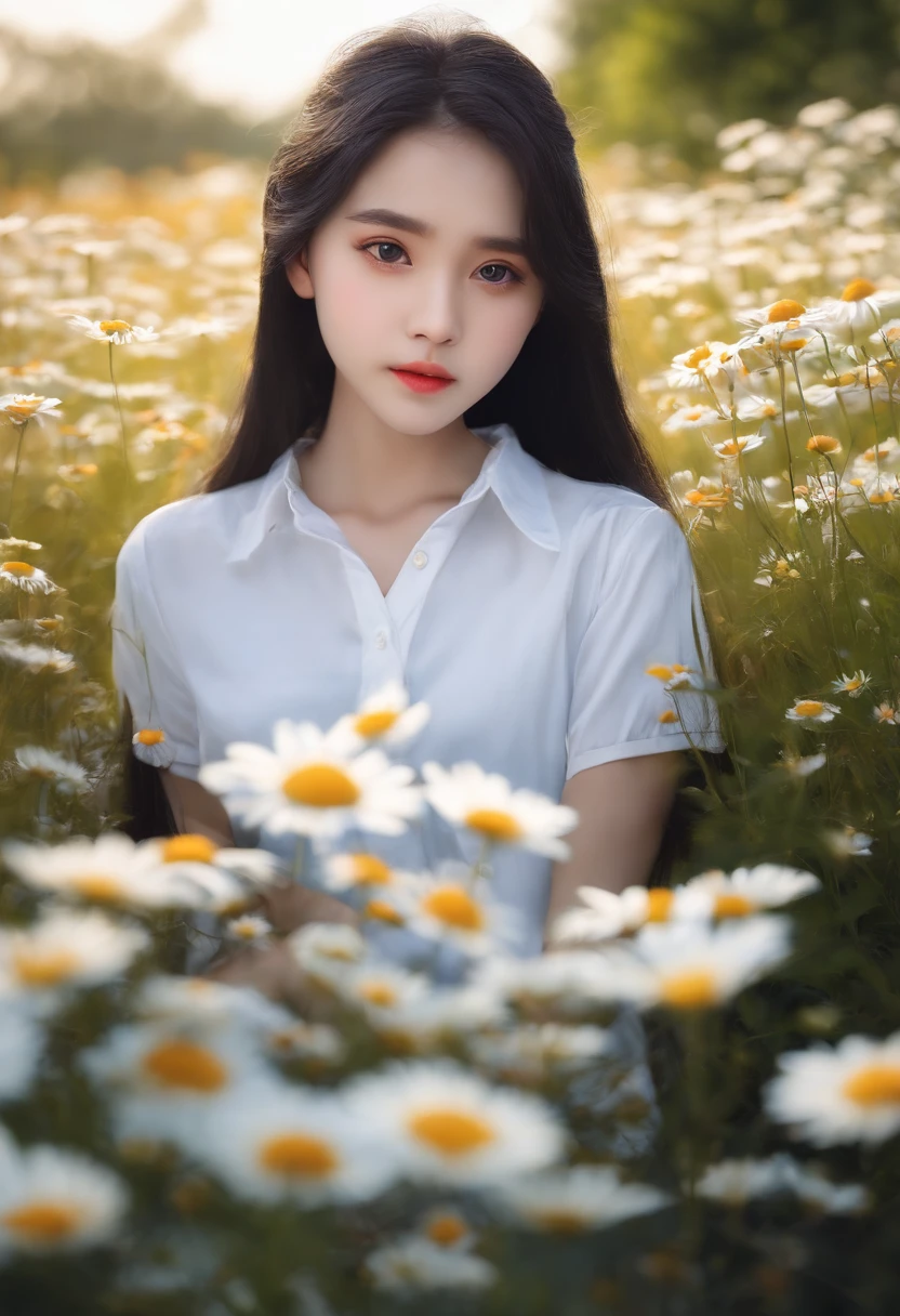 cute girl, -16white shirt, long black hair, closed mouth, black eyes, daisy flower, peaceful, sunny, big eyes, looking at the viewer, big breast