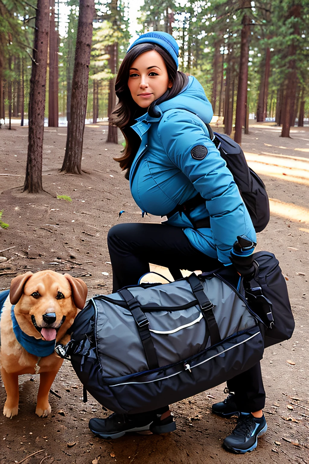 Make a woman with big breast, Blue long winterjacket , with open zipper, with face, body, Forrest, travel bag, black pants, camper, dog