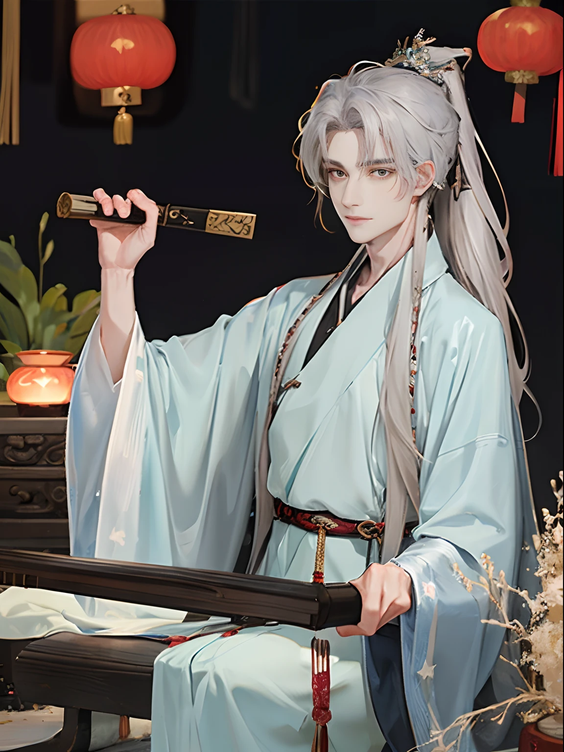 tmasterpiece，Need，A man，China-style，Chinese Ancient Times，Silver-gray hair，Black gold eyes，long whitr hair，High ponytail，Half draped hair，Handsome，Gentle end，Zhilan Yushu，large tall，A tranquil，Blue and white robes，Starstripe，star night，tree branch， Young men，Holding the guqin as a weapon