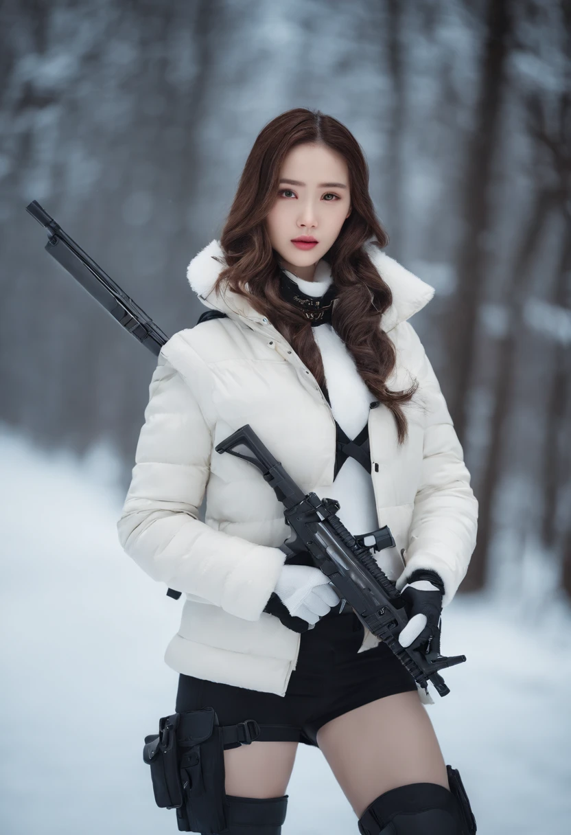 Close-up of a beautiful woman holding a gun in the snow, Smooth white tight cotton clothing set, with rifle, with pistol, dilraba dilmurat, m4 sopmod ii girls frontline, jia, with a white muzzle, photoshoot poses, 🕹️ 😎 🔫 🤖 🚬, White elbow gloves, snow army war