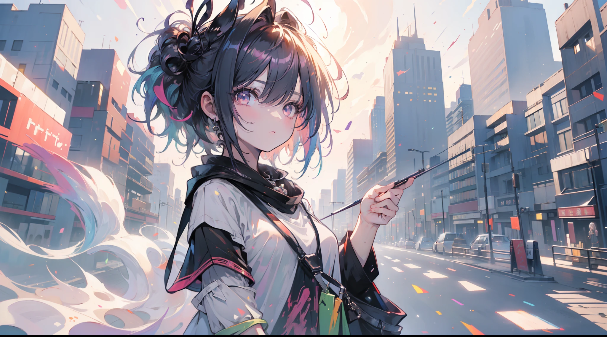 (((masterpiece))),(((4K))),(((girl))),(extremely detailed CG, ultra-detailed, best shadow), (scenery: 1.1), (short hair),(Cute half white and purple dyed hair),Black very Oversized tshirt,Niji Kei,Just like yoU