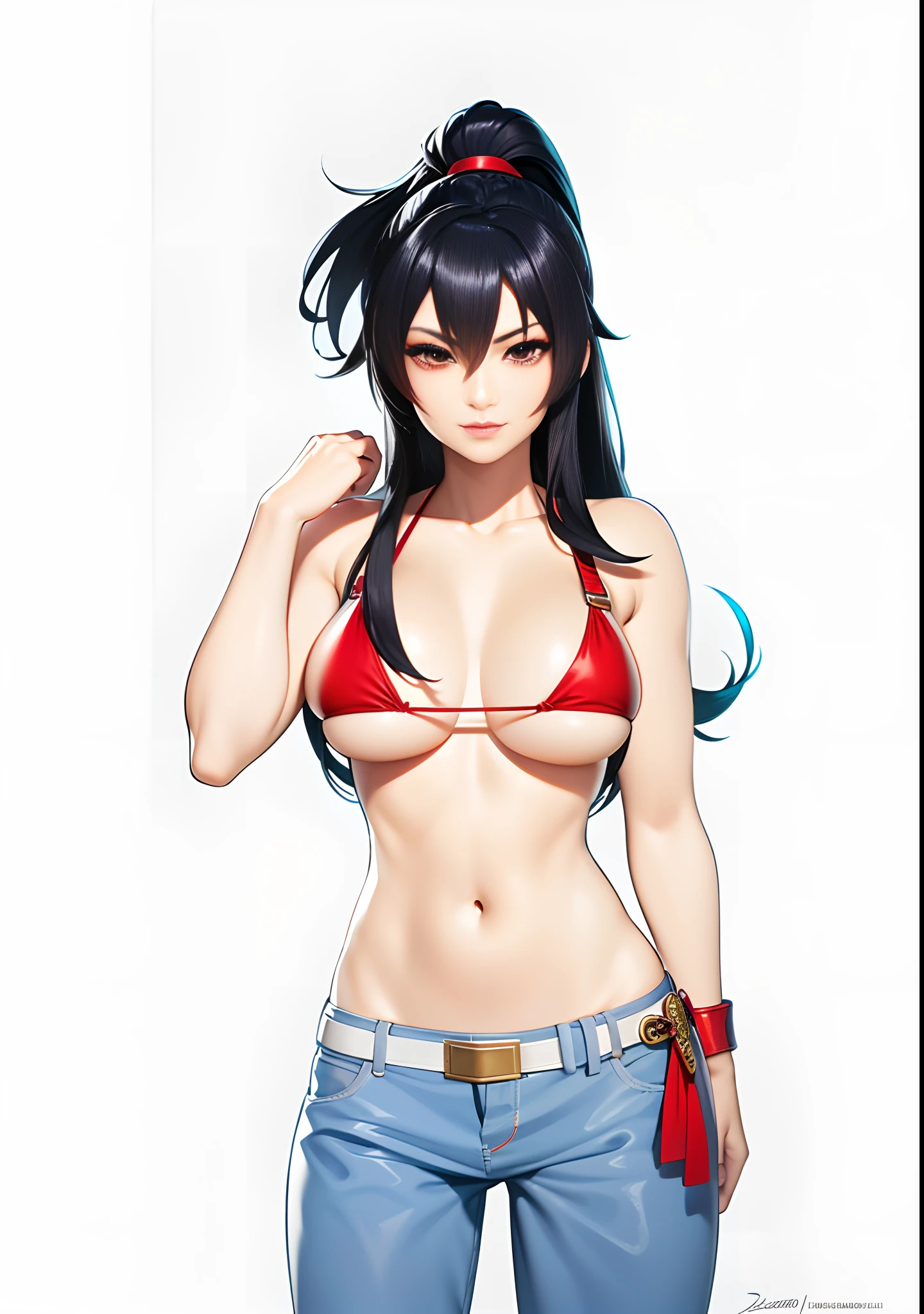 A woman with long hair and a bikini top holds a sword, mai shiranui, kunoichi, ff Tifa, fighting game character, 《king of fighter》role, fox nobushi, Tifa Lockhart, Akali, Katana Zero video game character, portrait of tifa lockhart, tifa lockheart, female anime character, Charming Tifa Lockheart