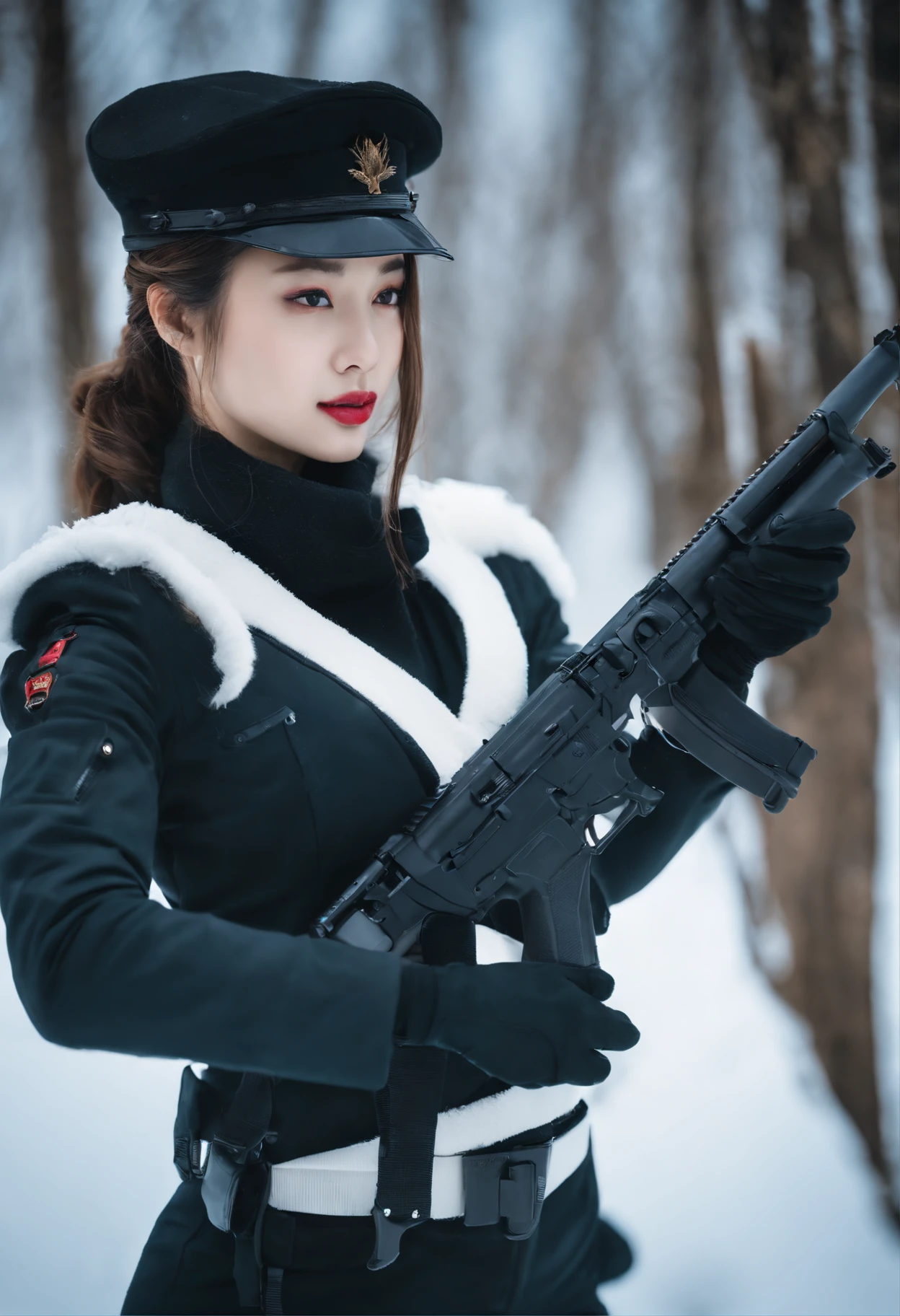 Close-up of a beautiful woman holding a gun in the snow, Smooth white tight cotton clothing set, with rifle, with pistol, dilraba dilmurat, m4 sopmod ii girls frontline, jia, with a white muzzle, photoshoot poses, 🕹️ 😎 🔫 🤖 🚬, White elbow gloves, snow army war