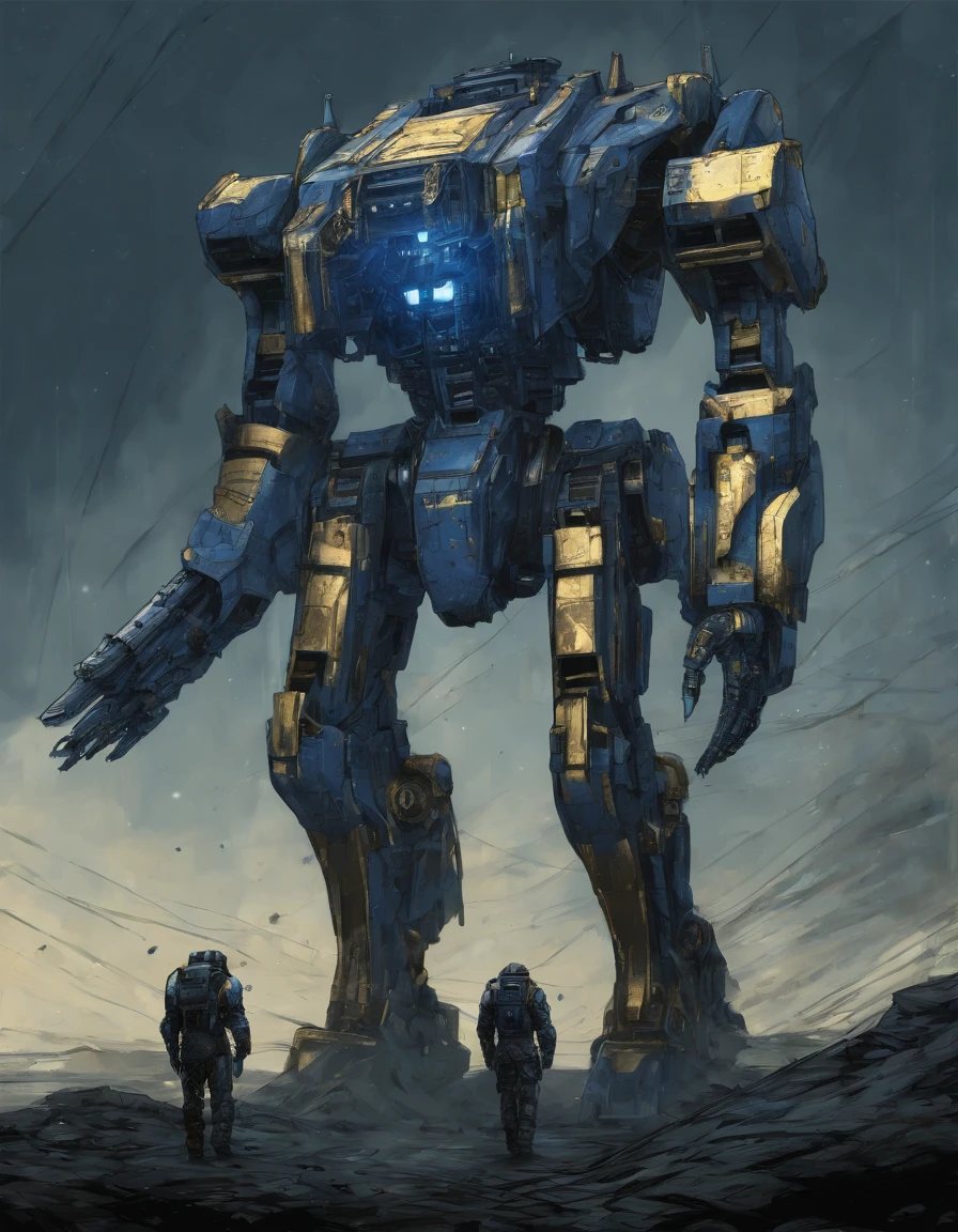 battletech style giant robot, humanoid mecha robot, (organic design:1.4), (blue and gold vivid colors:1.3), background: spacious spaceship hangar, (masterpiece), sci-fi art