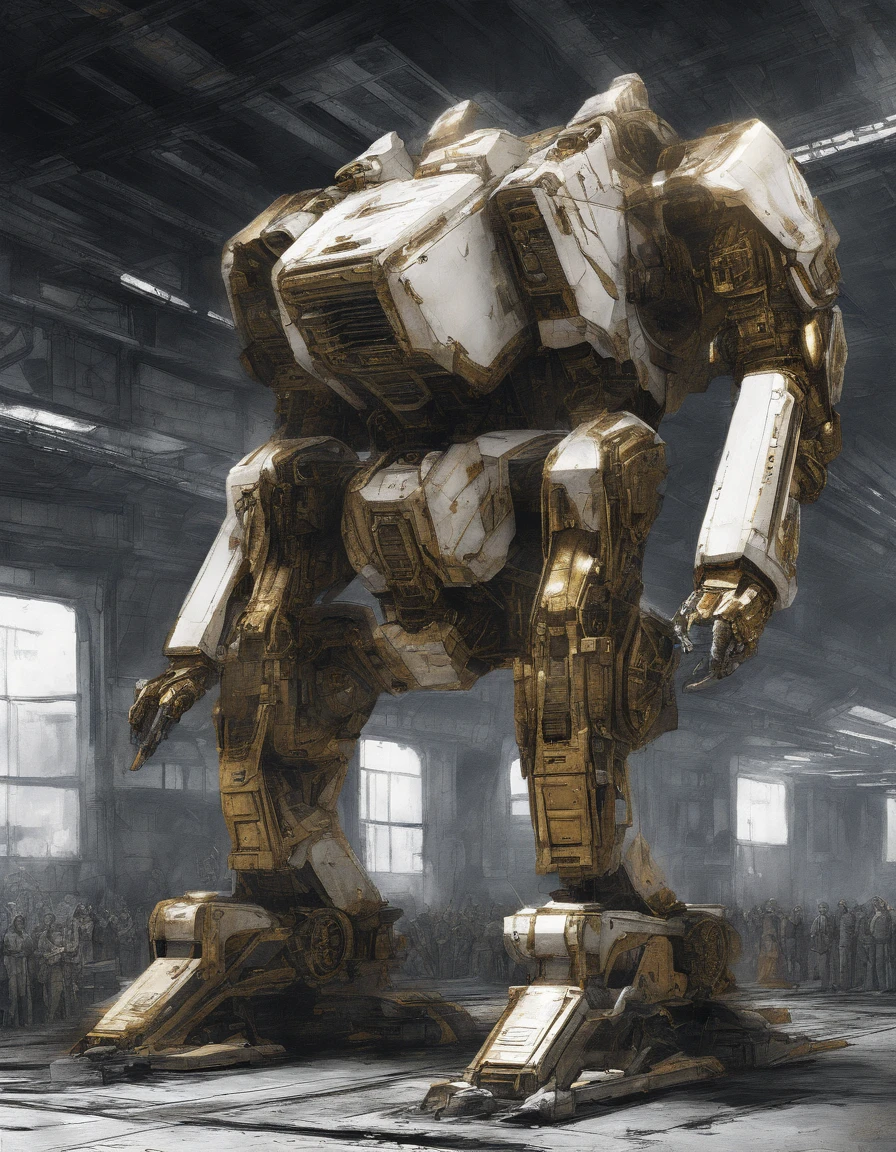 battletech style giant robot, humanoid mecha robot, (organic design:1.4), (white and gold vivid colors:1.3), background: spacious spaceship hangar, (masterpiece), sci-fi art
