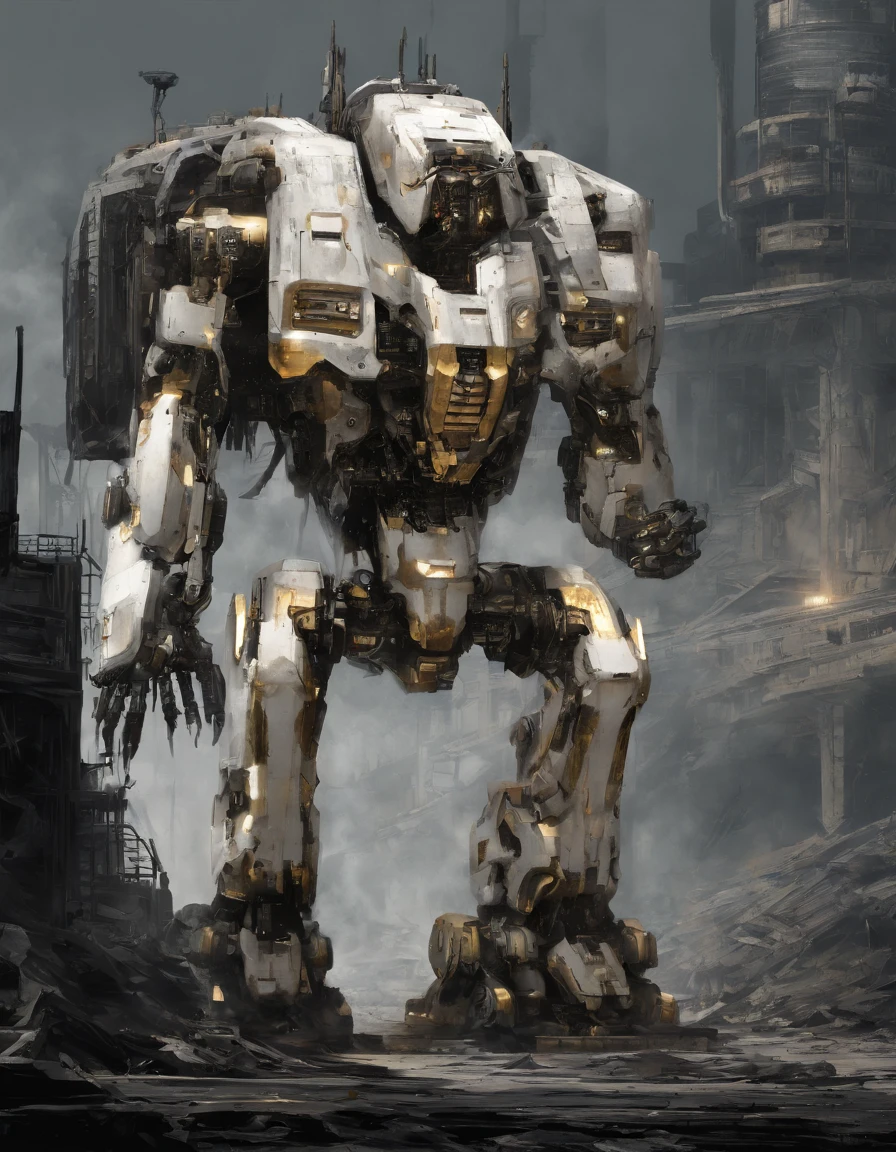 battletech style giant robot, humanoid mecha robot, (organic design:1.4), (white and gold vivid colors:1.3), background: spacious spaceship hangar, (masterpiece), sci-fi art