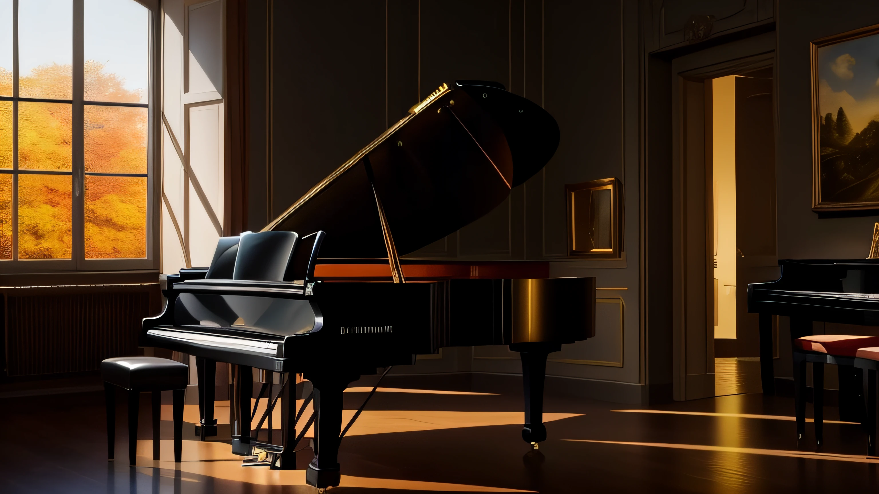 piano im herbst, epischer sonnuntergang mit dunklen tannen im Hintergrund, realistische darstellung, hoher kontrast, spotlight, eycatcher, youtube thumpnail