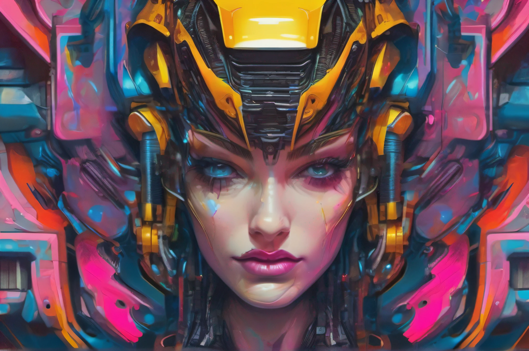 rosto de uma mulher mesclado em duas metades, metade da esquerda humano, right half robot, cyberpunk, olhando para frente, com pinceladas como uma pintura, respingos de tinta, 8k, masterpiece