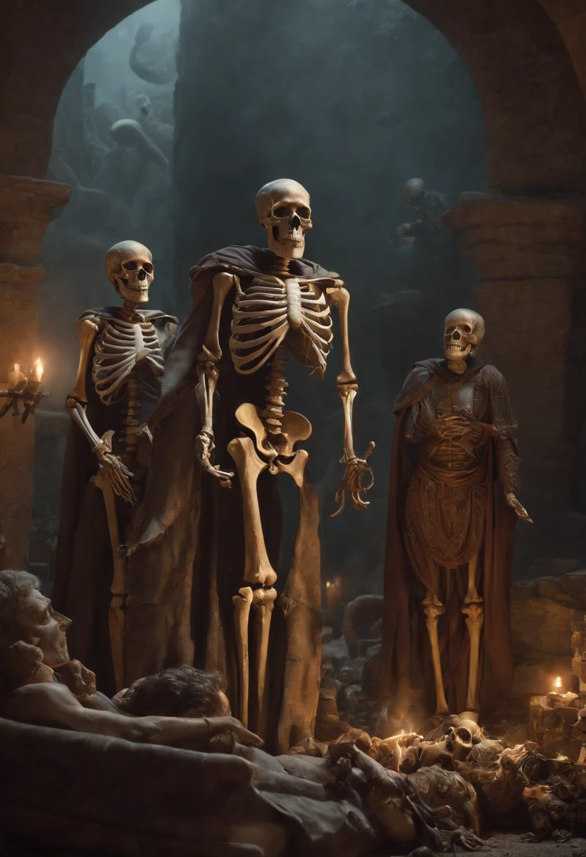 The skeletons and Lucifer talk to each other above a pile of corpses, fantasia, intrincado, elegante, altamente detalhado, Centrado, simetria, Pintura, intrincado, voluminetric lighting, Beautiful, Rica Deep Colors Masterpiece, foco nítido, ultra detalhado, No estilo de Dan Mumford e Marc Simonetti, astrofotografia
