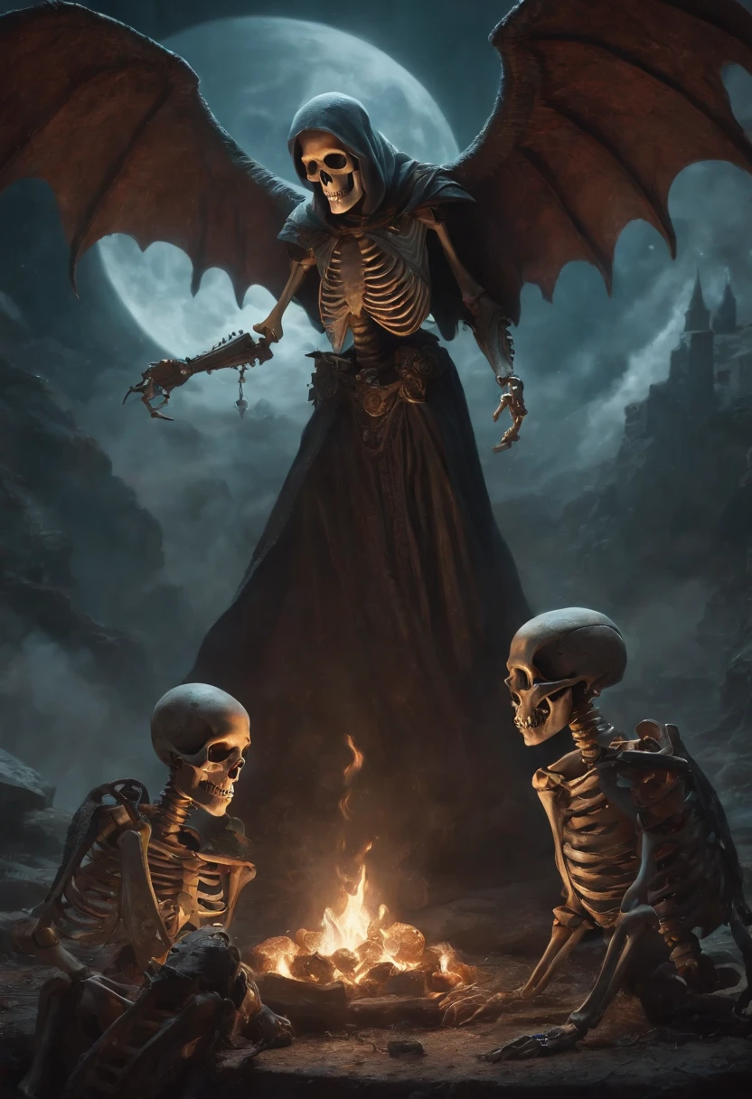 The skeletons and Lucifer talk to each other above a pile of corpses, fantasia, intrincado, elegante, altamente detalhado, Centrado, simetria, Pintura, intrincado, voluminetric lighting, Beautiful, Rica Deep Colors Masterpiece, foco nítido, ultra detalhado, No estilo de Dan Mumford e Marc Simonetti, astrofotografia