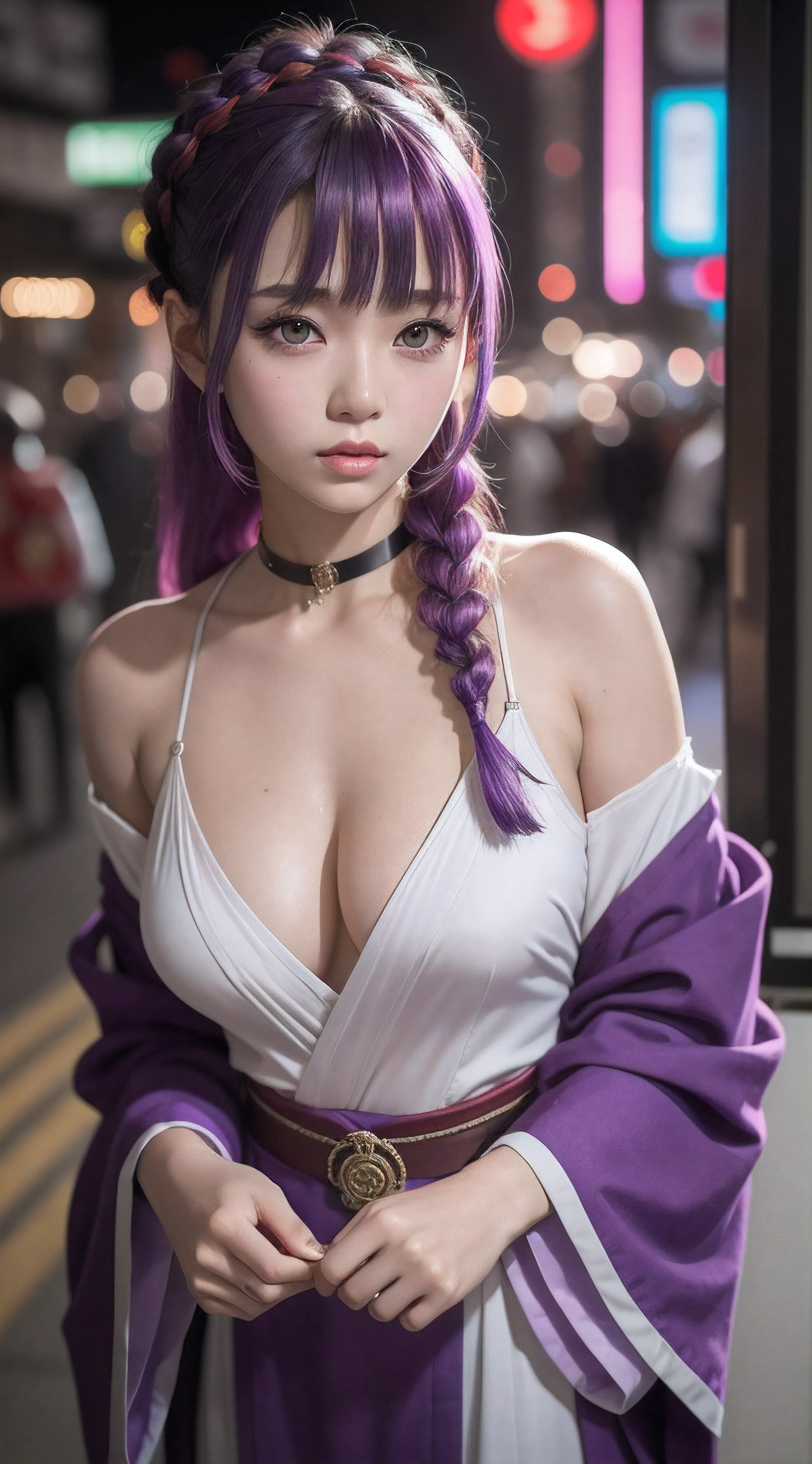1girl, blunt bangs, braid, wide sleeves, hair ornament, Japanese clothes, red obi, (purple hair:1.2), very long hair, straight hair, looking at viewer, highly detailed background, (photo realistic:1.2), detailed eyes, red eyeshadow, depth of field thigh, (ulzzang-6500:0.7), upper body, (solo:1.2), (cyberpunk city:1.1), cleavage, (finger on lips:1.1),Shiny skin