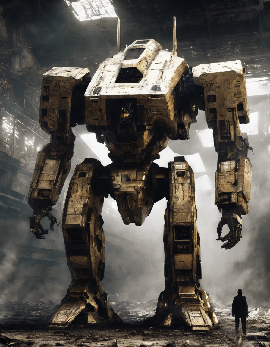 battletech style giant robot, humanoid mecha robot, (organic design:1.4), (white and gold vivid colors:1.3), background: spacious spaceship hangar, dramatic fire and smoke, (masterpiece), sci-fi art