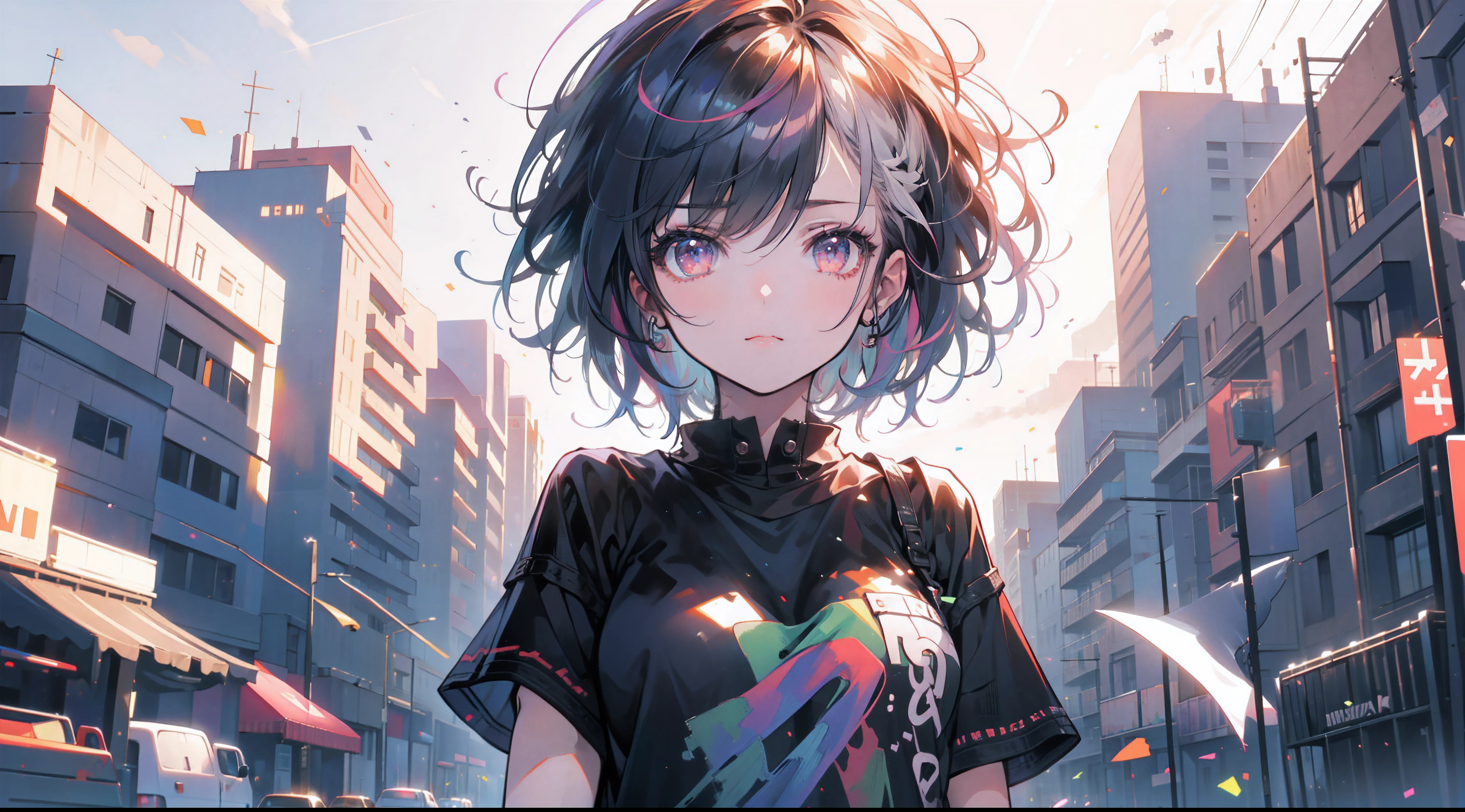 (((masterpiece))),(((4K))),(((girl))),(extremely detailed CG, ultra-detailed, best shadow), (scenery: 1.1), (short hair),(Cute half white and purple dyed hair),Black very Oversized tshirt,Niji Kei,Just like yoU