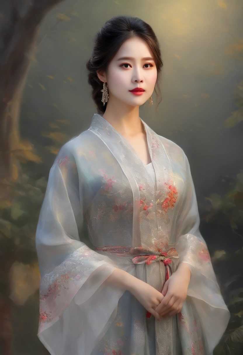 (8K, RAW photo, Best quality, Masterpiece:1.2), (Realistic, photo-realistic:1.37),1girll, Night, Professional lighting, フォトンマッピング, ラジオシティ, korean-doll, Traditional long dress, greybackground