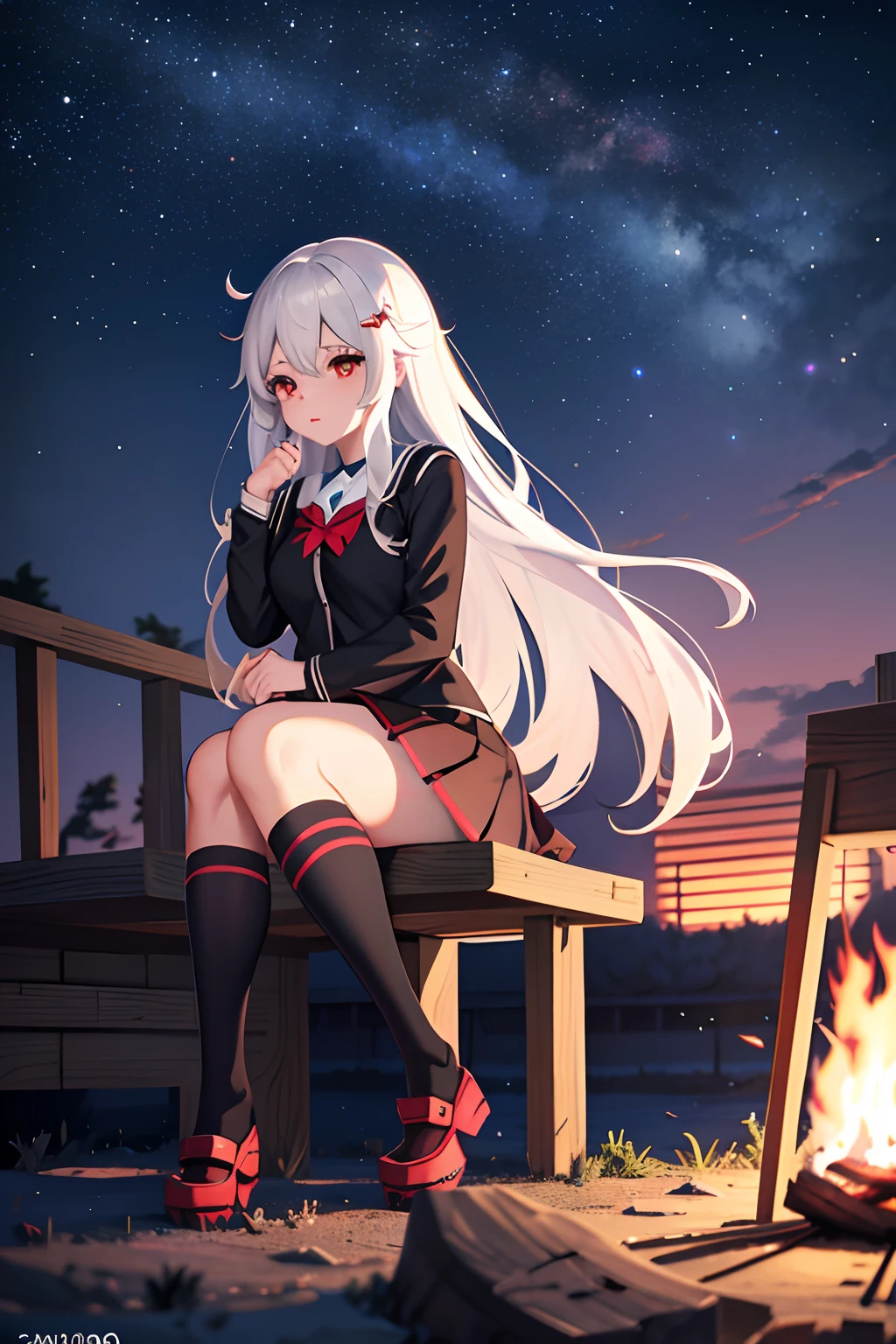 anime girl next to a campfire, a hyperrealistic schoolgirl, realistic schoolgirl, anime girl has white hair and red eyes, beautiful anime girl, [ 4 k digital art ], kantai collection style, female protagonist 👀 :8, school girl, guweiz, kawacy, smooth anime cg art, night sky, sitting on the ground