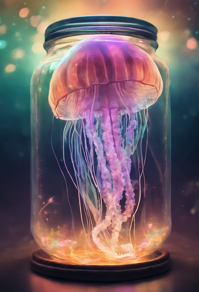 Double exposure shot of an ultra detailed jellyfish with iridiscent glow inside of a jar, very glowy jellyfish, holographic, rainbowish, realistic jellyfish, realistic tentacles, bioluminiscence