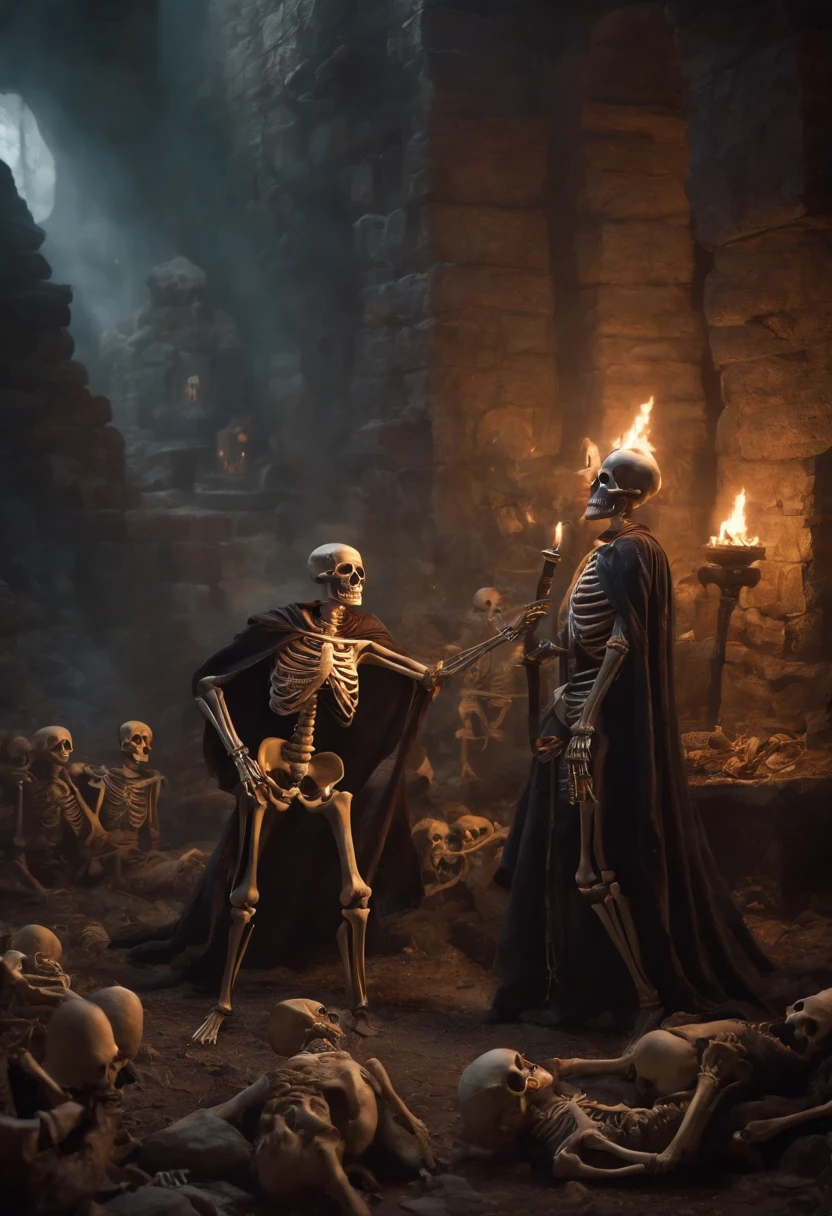 The skeletons and Lucifer talk to each other above a pile of corpses, fantasia, intrincado, elegante, altamente detalhado, Centrado, simetria, Pintura, intrincado, voluminetric lighting, Beautiful, Rica Deep Colors Masterpiece, foco nítido, ultra detalhado, No estilo de Dan Mumford e Marc Simonetti, astrofotografia