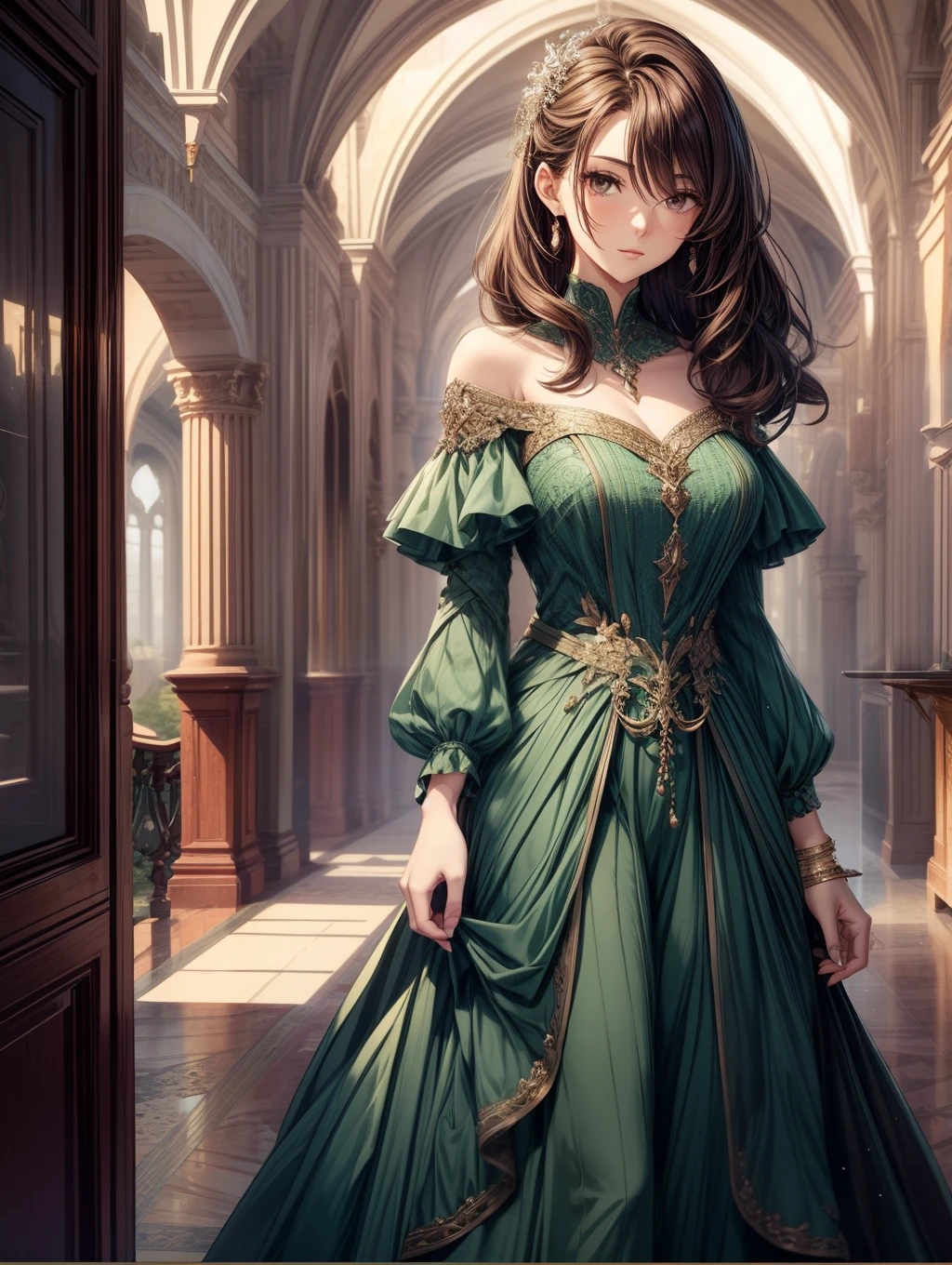 Best Quality, masutepiece, beautiful mature women、Beautiful face、Strong-minded woman、Dark green long dress、brown haired、Brown-eyed、Longhaire、Undersized eyes、Full body like、(((Reception)))、The background is a castle