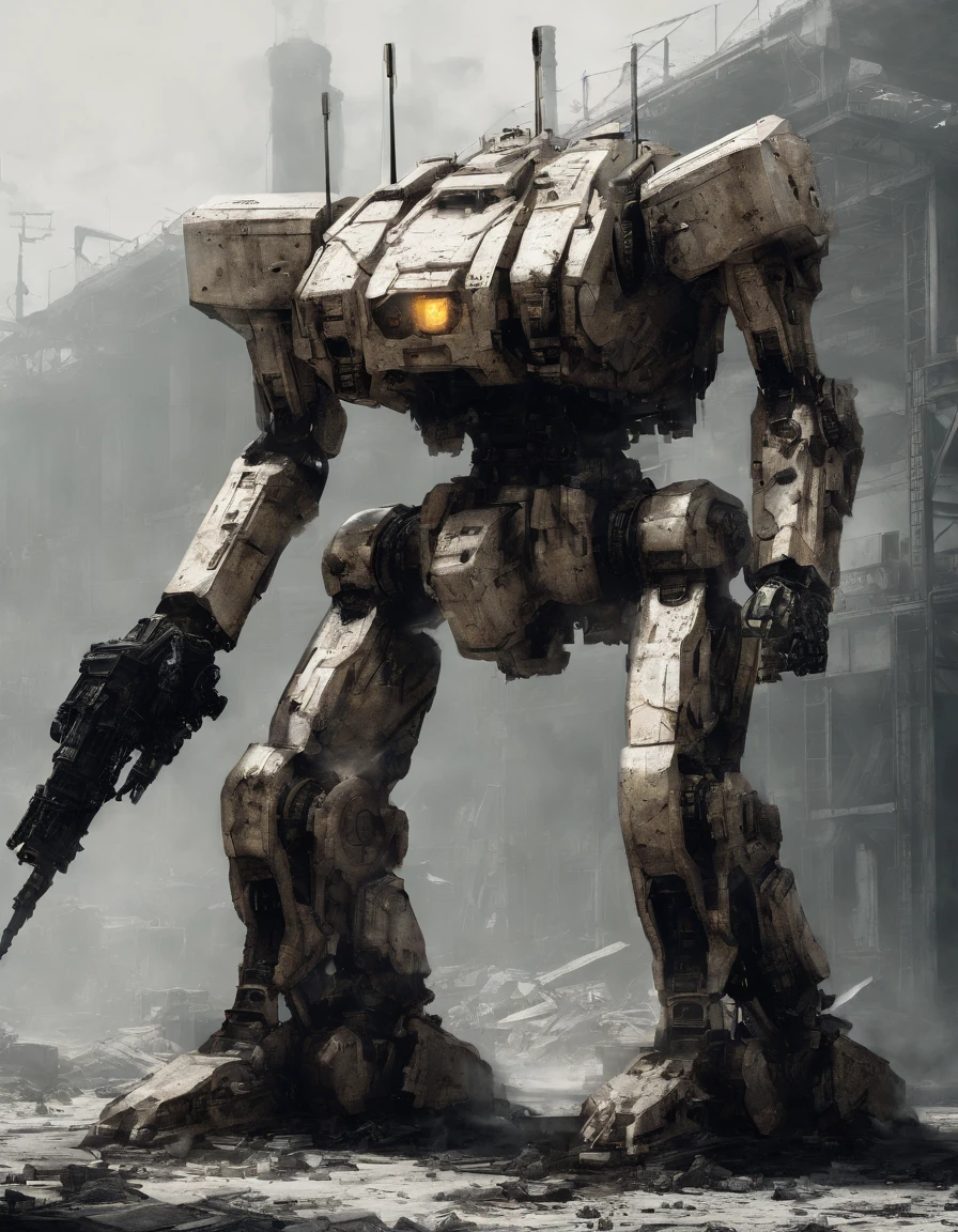 battletech style giant robot, humanoid mecha robot [full plate armor: 0.7], (white and gold vivid colors:1.3), background: spacious spaceship hangar, dramatic fire and smoke, (masterpiece), sci-fi art