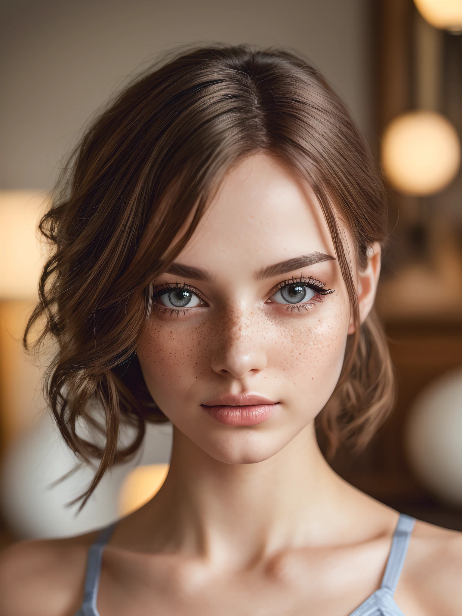 Professional photo of beautiful  French teen ( Doll facial features  )  random sexy pose  , Dynamic view She is tall hourglass shape body , thigh gap , Long perfect legs, Skinny, (Big saggy tits ), ((Breathtaking facial features)), (She is young  ) ,  Medium Length Ash Curly  hair , Detailed light hazel eyes Detailed big botox lips Raised small nose , Full body Light freckles , Pale skin, Soft redish skin ,  (Detailed extremely long eyelashes ),  wearing Delicate Calvin Klein bra  ,  yoga pants  , Textured skin , 8k , Realistic, DSLR Photography, Absurd , Best Graphics, Best quality, ( Masterpiece) , Straight lighting, Fashion lighting, HDR , Ultimate Resolution