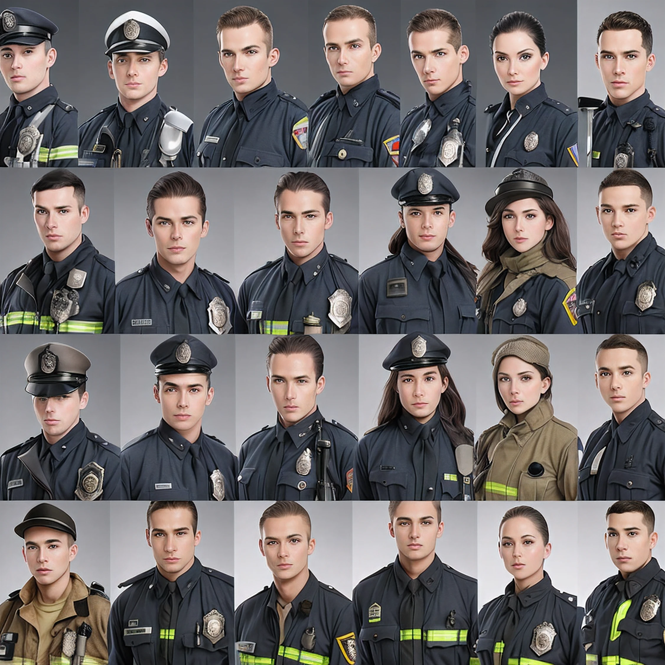 Group photo of 1 male firefighter, 1 male policeman, 1 male army soldier, and 1 female army soldier all clones, all different races, and skin tones, at the age of 32 years old, in full gear for clothes and hat, detailed details, dynamic poses, high definition