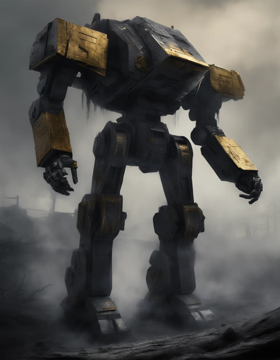 battletech style giant robot [full plate armor: 0.9], (grey and gold vivid colors:1.3), background: spacious spaceship hangar, dramatic fire and smoke, (masterpiece), sci-fi art