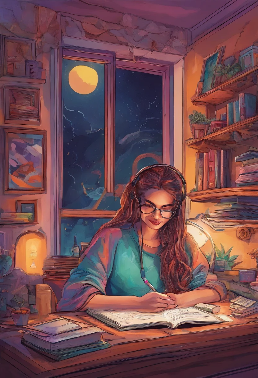 (zero), high detailed gorgeous Girl studying in her room, reading a book, Wear headphones, , night lights, Neon landscape on a rainy night,Analog Color Theme, Lo-Fi Hip Hop , retrospective, flat, 2.5D ,Draw a line, Ink Drawing, Large slope, Watercolor painting, Goosch Colors, sailor moon Style, Awesome colorful, Outer Ton, Synthwave, lofi art,90s style,Old texture, amplitude,90s vibe, masterpiece, Tremendous technology