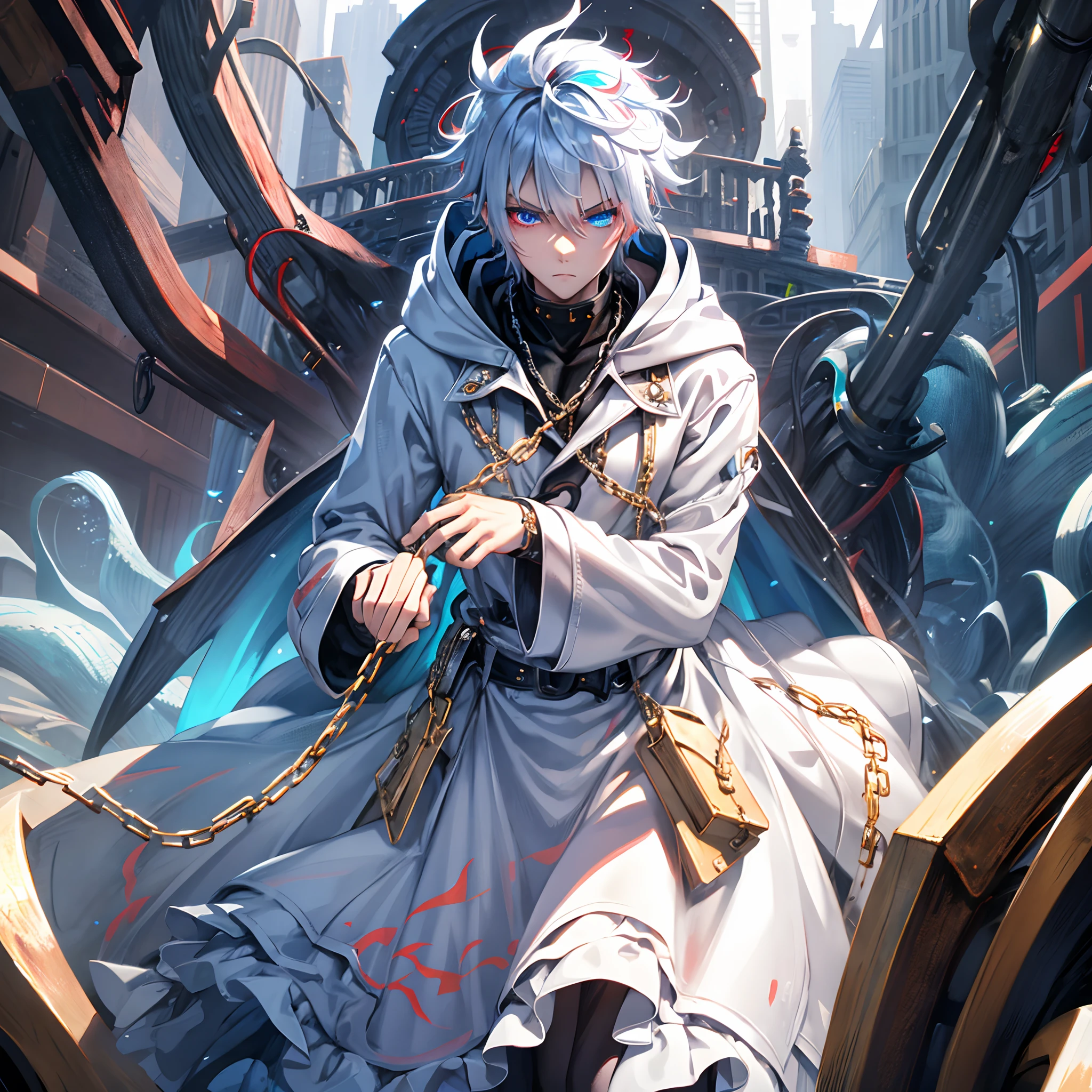 1 boy, wearing a trenchcoat hoodie hoodie over head,spiky hair,red and blue eyes, surrounded by chain's, heterochromia, serious face, absolutely stunning art, extremely detailed, highest quality digital art,