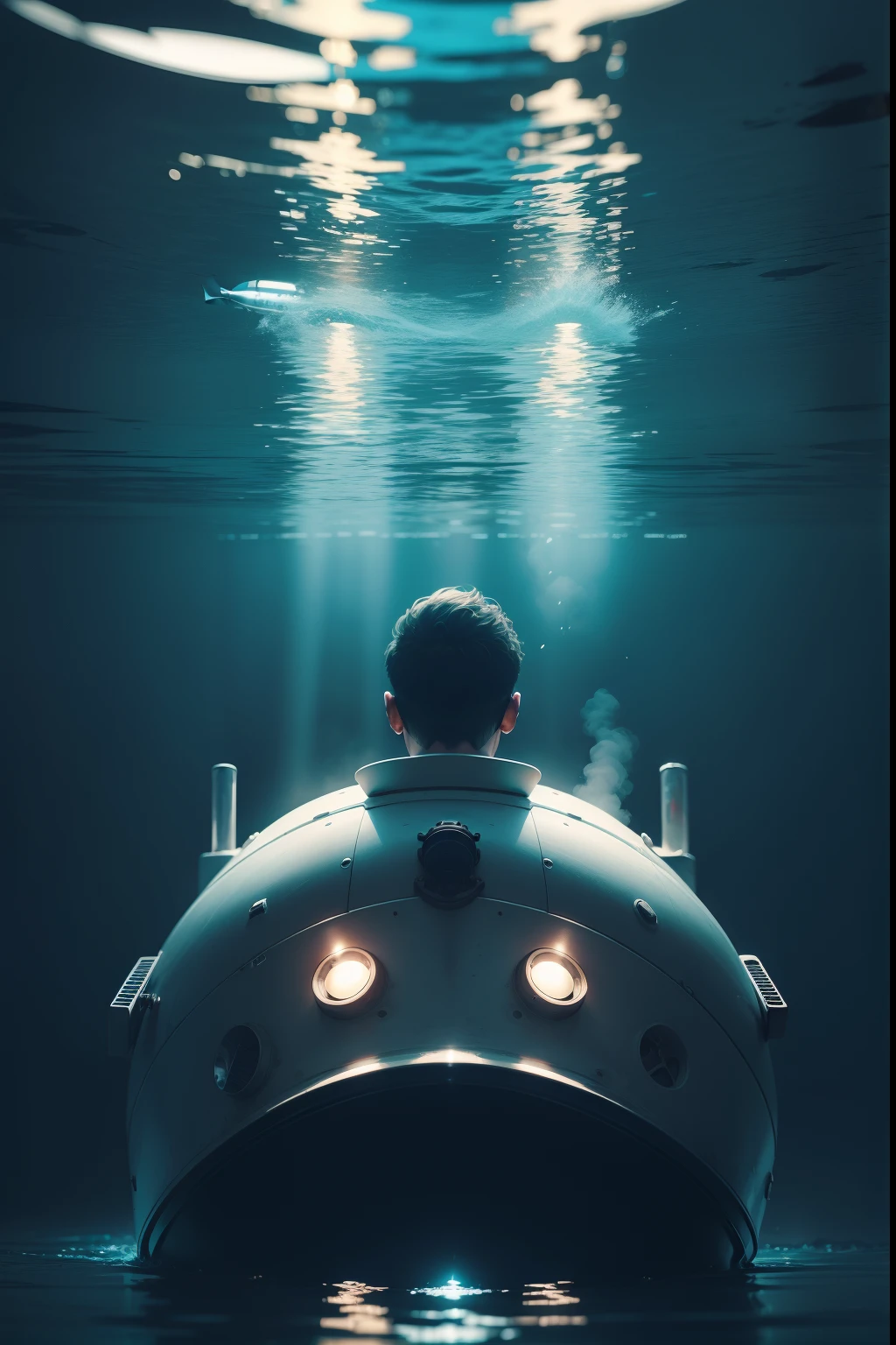 man inside submarine in the water