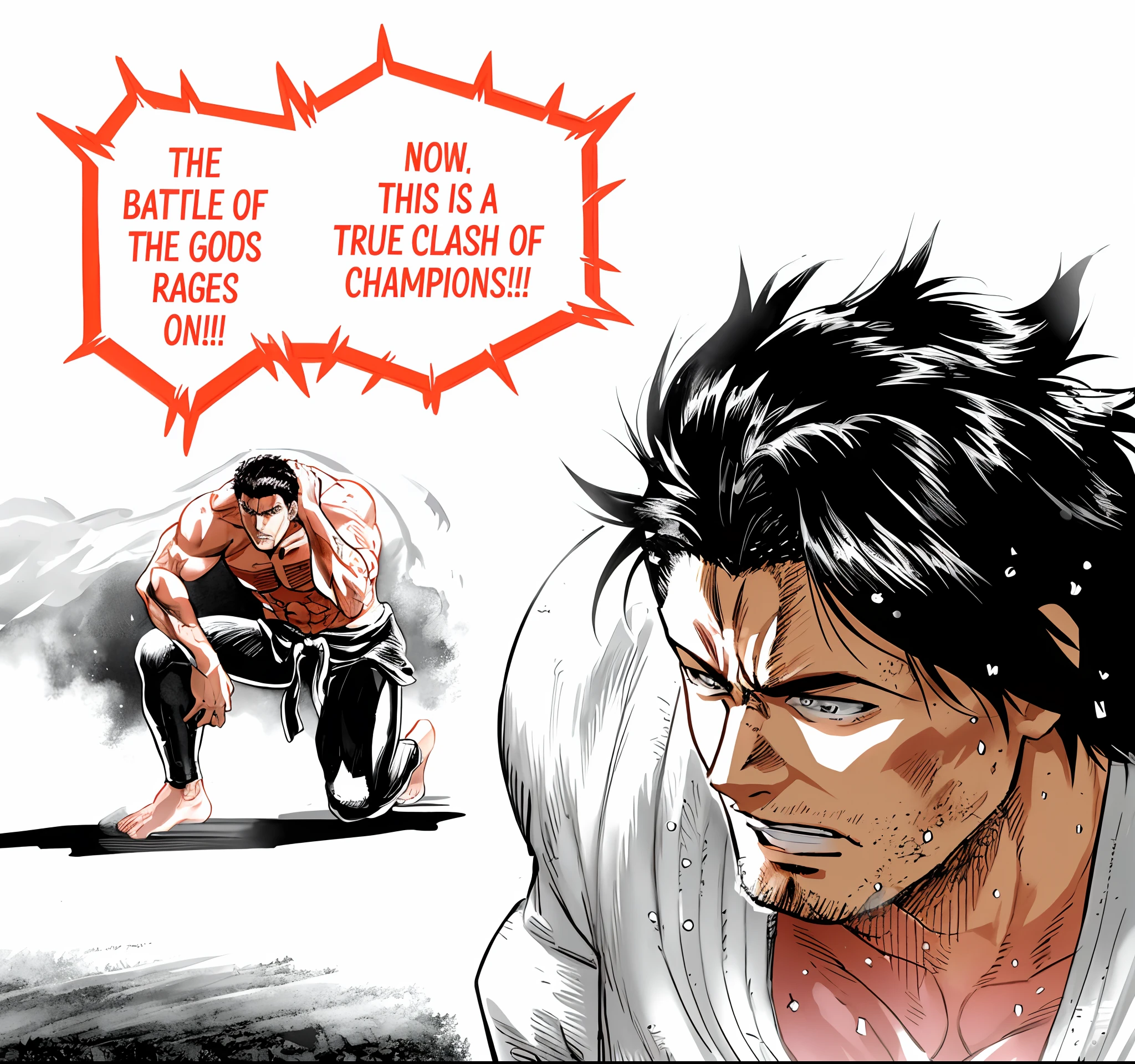 Anime comic character with a legend of a man in a wrestling posture, Estilo manga galardonado, Baki el garfio, Hajime no IPPO Manga inspirado, Estilo Baba, En el manga Berserk, striking manga artstyle, Baba, Panel de manga en blanco y negro, Estilo manga detallado, black and white manga page, Manga Berserk