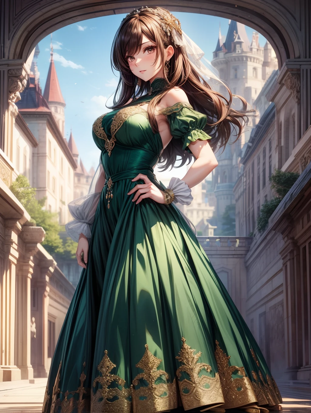 Best Quality, masutepiece, beautiful mature women、Beautiful face、Strong-minded woman、Dark green long dress、brown haired、Brown-eyed、Longhaire、Undersized eyes、Full body like、(((Reception)))、The background is a castle