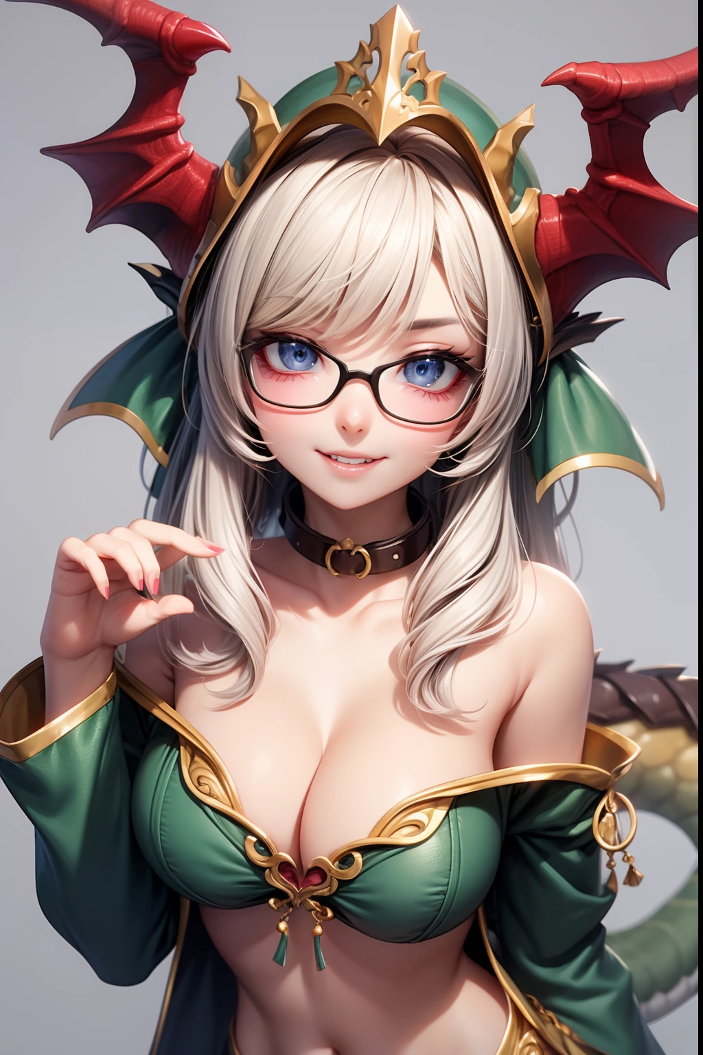 1 cute dragon race. sexy girl (18yo) glasses, dark eyes, upper body, slim waist, natural big breast, sexy pose, seductive expression, bangs, random hairstyle, cleavage, navel, collar, collarbone, off shoulder, seductive smile, wear intricately detail hot and sexy outfit, dragon costume, Olive color, wear unique helmet, random light color, upper body. flat gray color for background