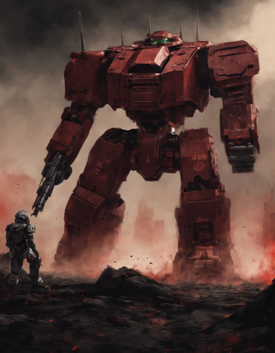 (battletech style giant robot [full plate armor knight]:1.3), (crimson blood color and gold vivid colors:1.3), background: spacious spaceship hangar, dramatic fire and smoke, (masterpiece), sci-fi art