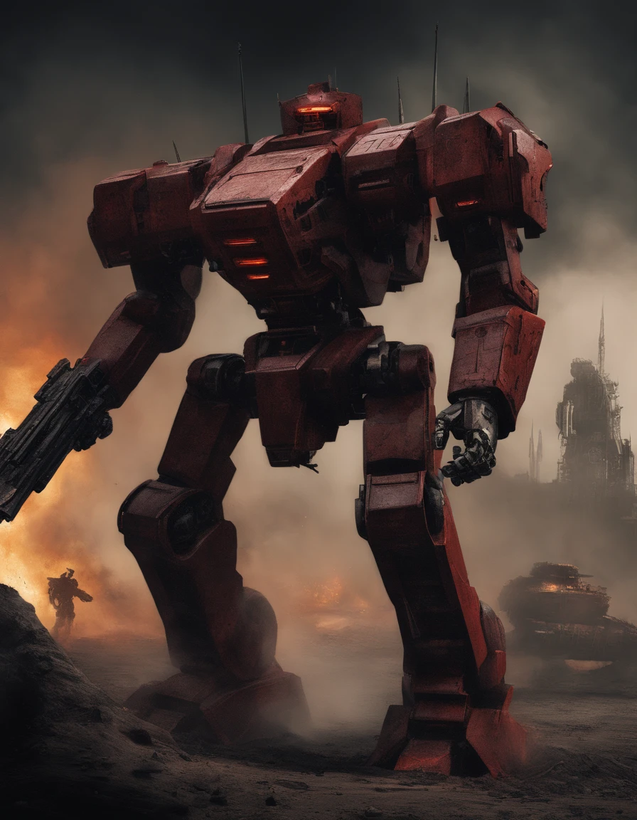 (battletech style giant robot [full plate armor knight]:1.3), (crimson blood color and gold vivid colors:1.3), background: spacious spaceship hangar, dramatic fire and smoke, (masterpiece), sci-fi art