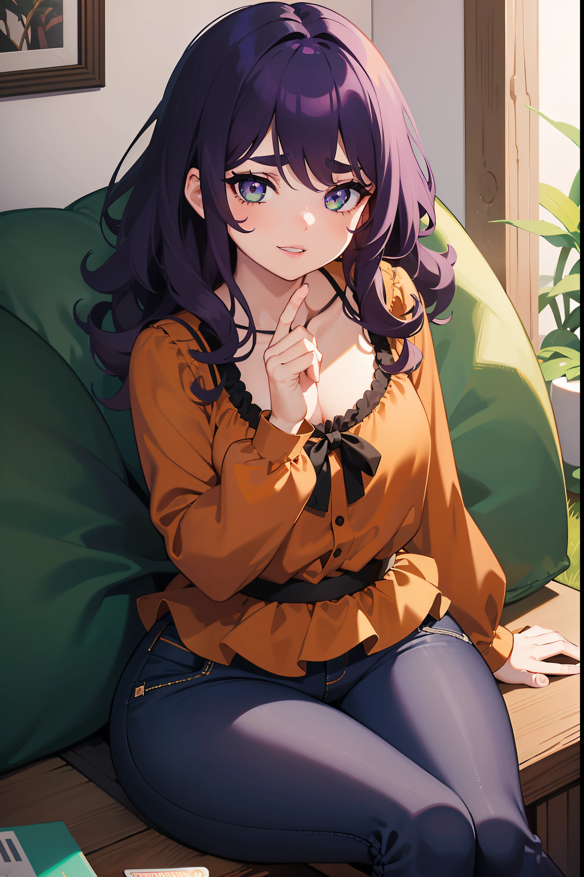 a cute but crazy girl with dark green eyes, loose, curly, dark purple hair. serene coloured eyes, wearing a dark orange blouse and short jeans, bow on the blouse, small bust, mischevious, suggestive grin, suggestive pose, sitting, somewhat round face, prominent nose, prominent plump lips, long lucious eyelashes, fairly thick eyebrows, freckles