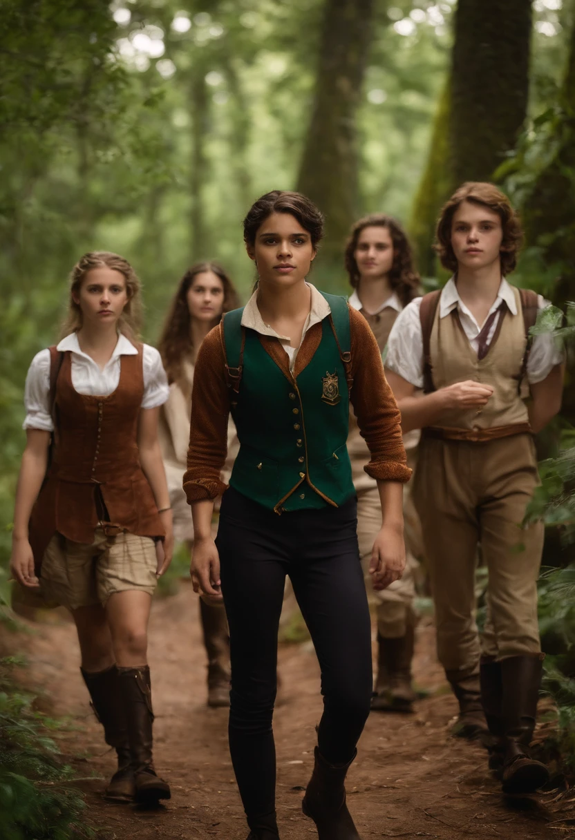 Portrait of a group of young people in high school uniforms exploring a magical forest, Young people are hybrids of magical creatures.title: "Academia Arcana: The Magical Creatures Boarding School" 1. The protagonist is a young fairy named Lila, que sempre foi curiosa sobre o mundo humano e anseia por descobrir seus segredos. Ao ingressar na Academia Arcana, Lila befriends a diverse group of non-human students, each with unique magical abilities. 2. During a class on the Magic Forest, Lila e seus amigos encontram um portal escondido, taking them to an unknown part of the magical world. There, They discover an ancient prophecy that says only they can save the kingdom from a great threat. 3. O romance se desenvolve entre Lila e um jovem lobisomem chamado Ethan. No entanto, suas diferentes origens criam um conflito entre eles, for many believe that the union between fairies and werewolves is forbidden. 4. Durante as aulas, Students learn to control and hone their specific magical skills. Ademais, They also have lessons on how to adapt to the human world and blend in with humans without revealing their true identity. 5. The competition between the different races is fierce, levando a intrigas e rivalidades entre os alunos. A group of orc students try to sabotage the other races